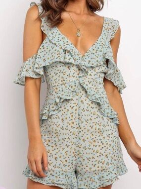 SWEET POT Pale Blue Floral Ruffles Romper Size 8